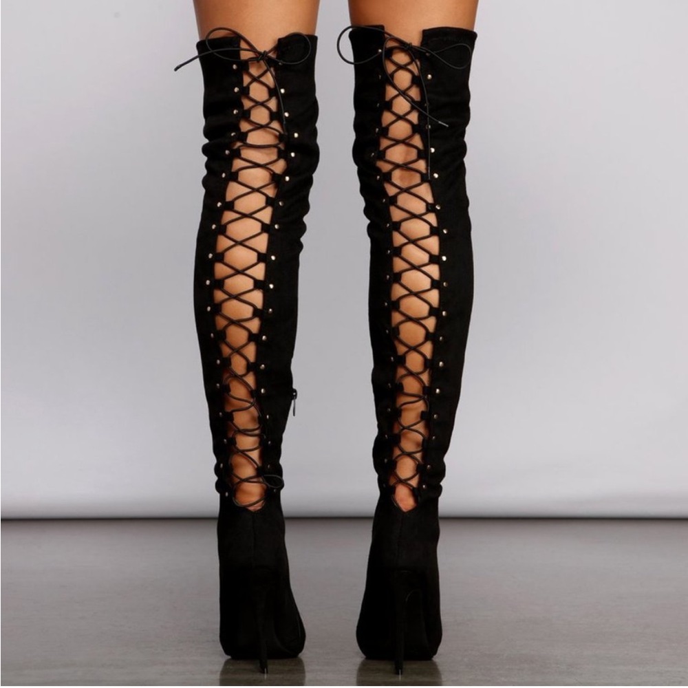 Black High Heel Open Back Corset Lace Up Thigh High Boot - Picture 3 of 15